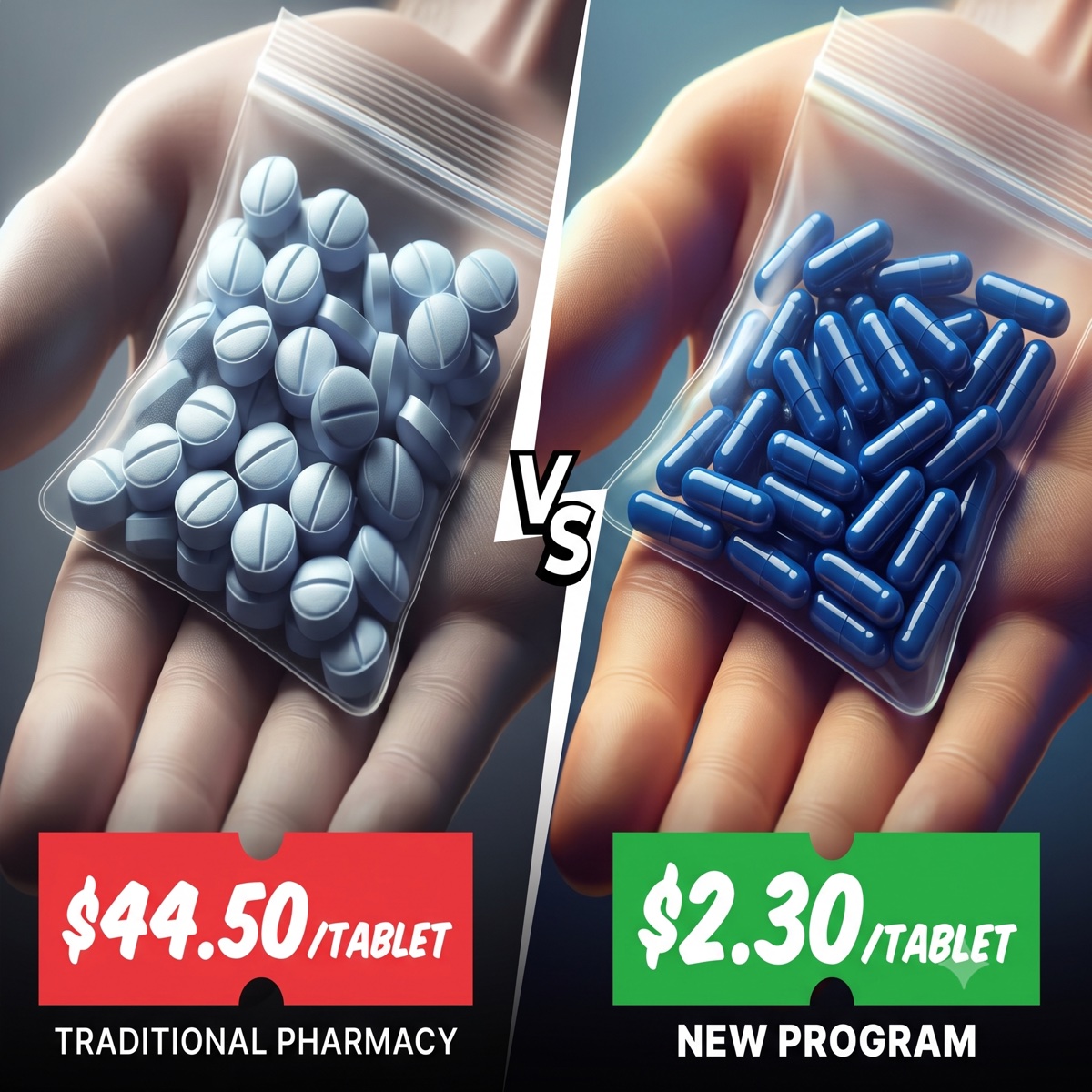 Traditional pharmacy $44.50 per tablet versus $2.30 per tablet