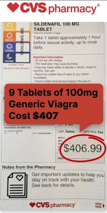 CVS pharmacy receipt: 9 tablets of 100mg sildenafil, $406.99